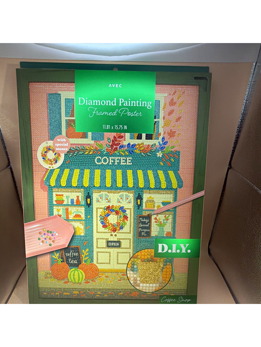 AVEC DIY Diamond Art Painting Kit Coffee Shop Framed Poster, 11.81 x 15.75